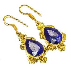 Authentic Blue Sapphire (Simulated) 18k Yellow Gold Plated Earring 1.95" E4-564