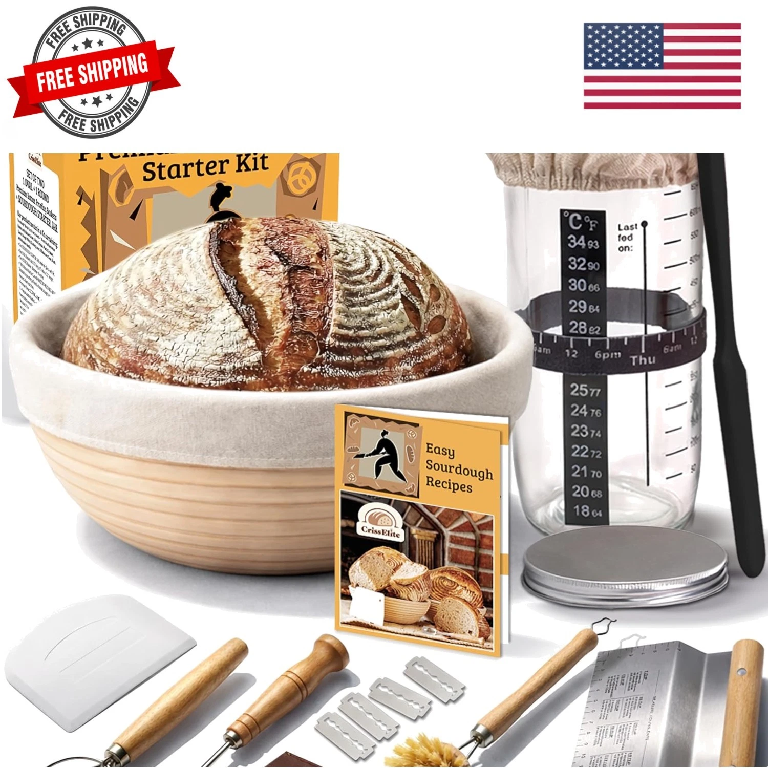 Sourdough Starter Kit for Beginners – 9” Banneton Bread Proofing Basket with ...