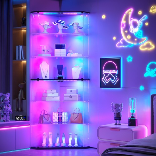 6-Tier 71" Tall Glass Display Cabinet w/ RGB Lights, App Control, Motion Sensor