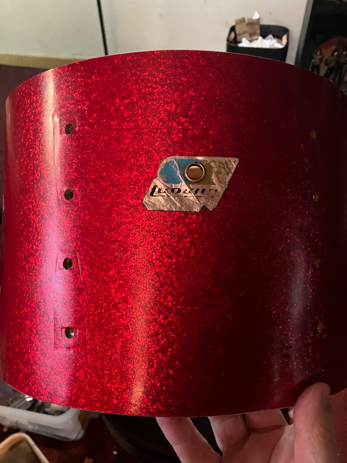 Ludwig 70s Vintage 9x13 Tom Drum Shell Red Sparkle w/ Blue Olive Badge