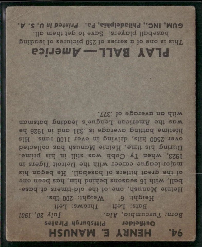 1939 Play Ball #94 Heinie Manush VG - Image 2 of 2