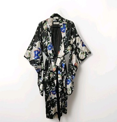 Vintage 80s Bo Er Xiu Pin Black and White Satin Geisha Print Kimono Robe