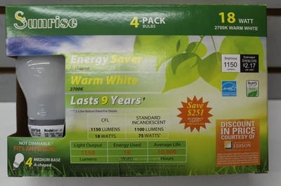 Energysaver 18w=75w Warm White Compact Fluorescent Bulb (4 PACK)CFL 1150 LUMENS