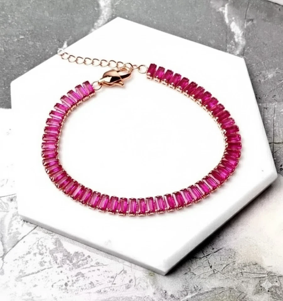 21Ct Baguette Lab Created Pink Ruby Tennis Bracelet in 14k Rose Gold Plated 7.5" - Image 2 of 4