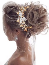 Flower Bride Wedding Hair Vine Pearl Bridal Piece Leaf Headband Gold Decor