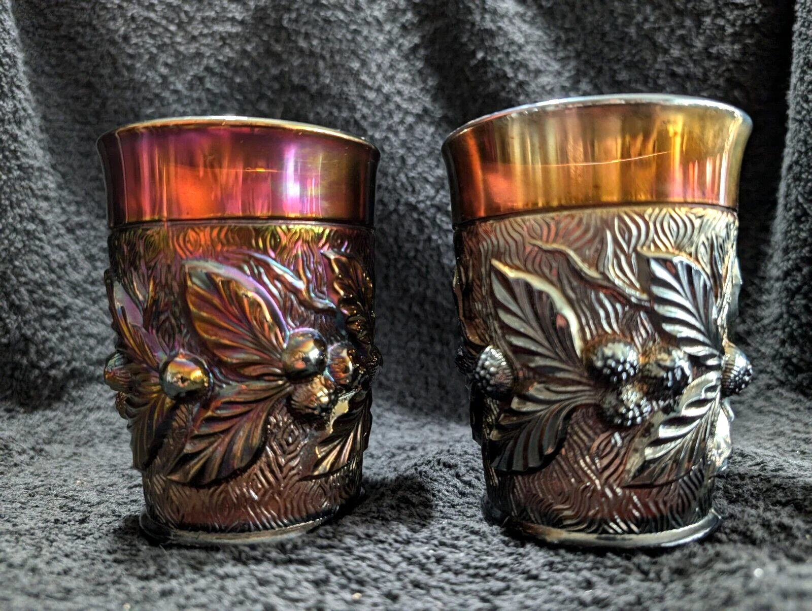 Northwood Carnival Acorn Burrs 2 Tumblers in Amethyst c.1911