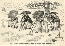 VINTAGE 1879 BRITISH "Making Hay" Cartoon - RAINSTORM & UMBRELLAS - Humor