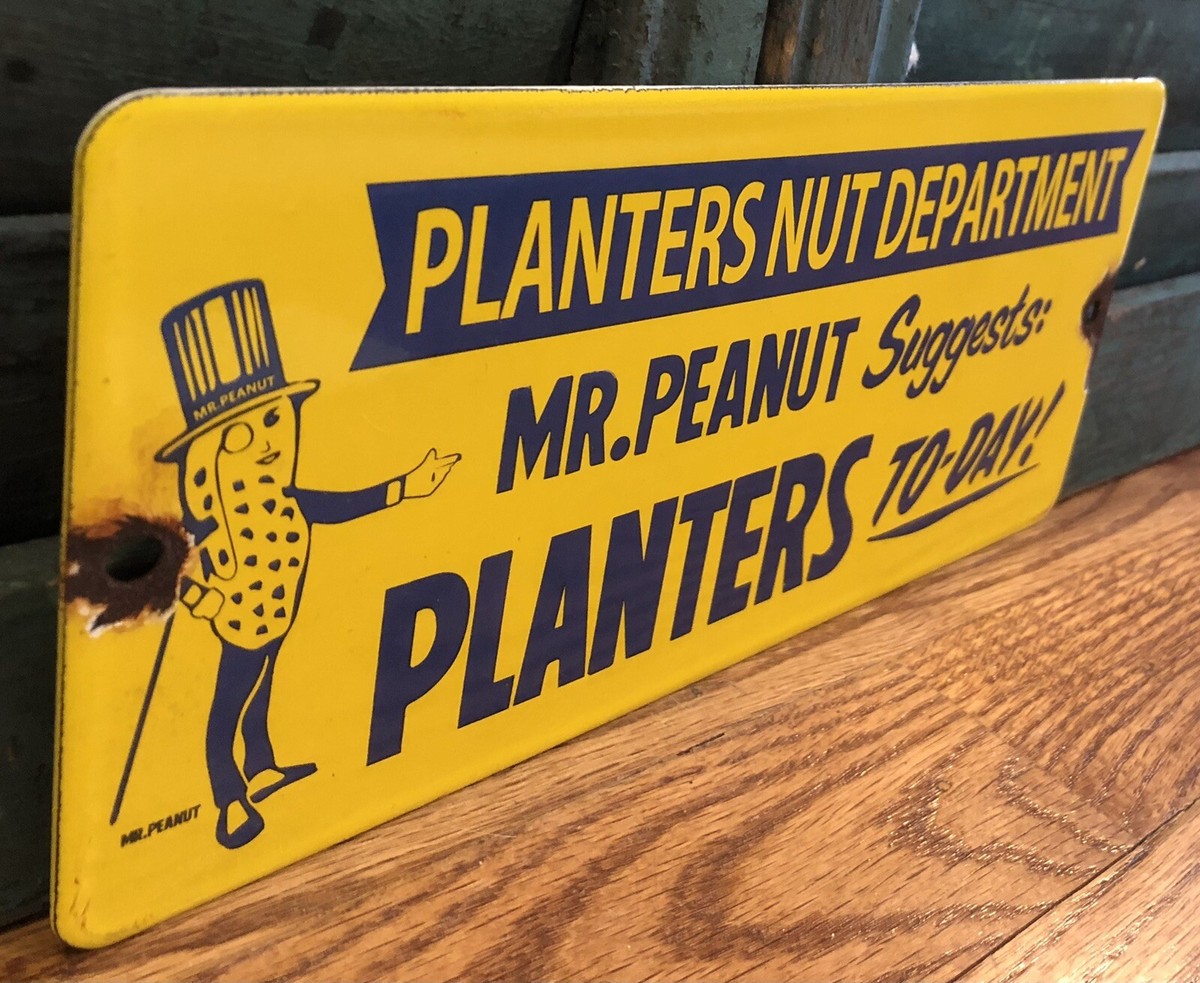 Vintage Planters Department Peanuts Mr Peanut 9.5” Porcelain Sign