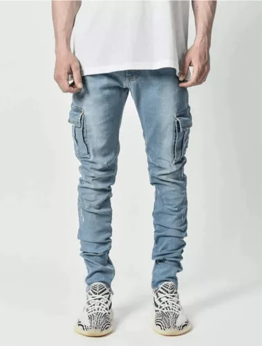 Men Skinny Jeans Stretch Slim Fit Pants Bike Jeans Cargo Pants Pockets Ripped - Picture 8 of 17