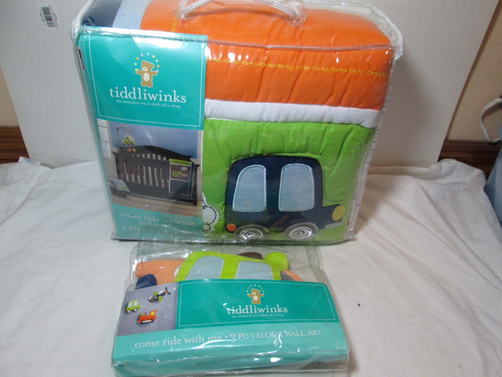 Tiddliwinks Come Ride With Me 6 pc Nursery Crib Set ~ Quilt Crib Sheet, Wall Art
