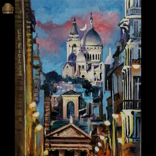 YARY DLUHOS Paris France Sacre Coeur Montmartre Night Moon Original Oil Painting