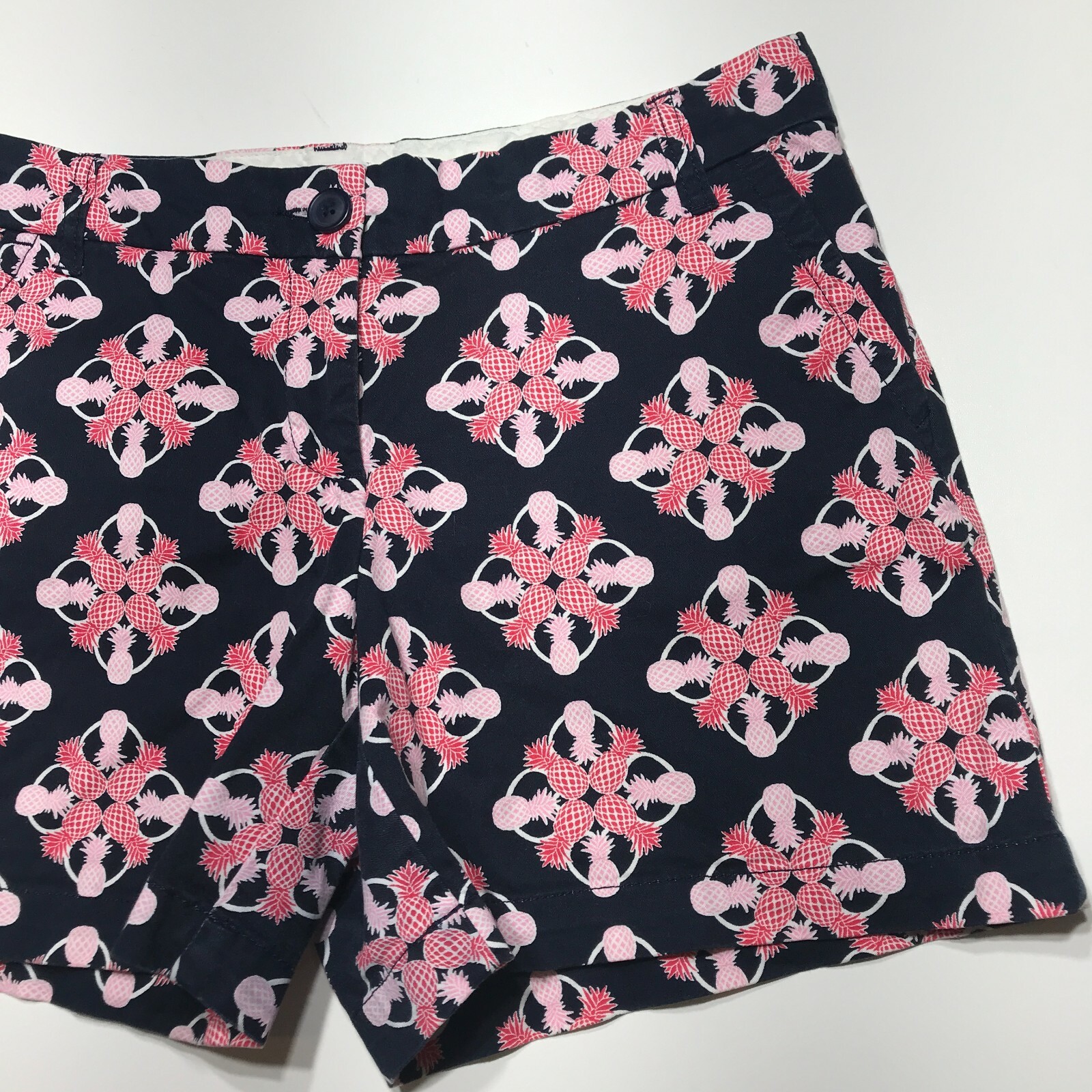 Crown & Ivy Shorts Womens 6 Navy Pink Pineapple Print Chino 5 Inch Midi Stretch image 5