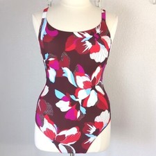 Athleta Size L One Piece Swimsuit Red Blue White Hibiscus Backless