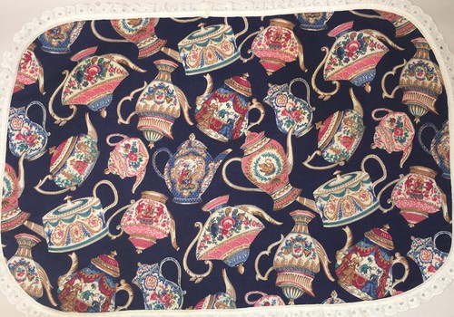 Fabric Kitchen Placemat of Vintage Teapots Navy w Cream Lace Trim - Picture 8 of 8