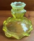 Fenton Topaz Opalescent Vaseline Glass Cactus Pattern Candle Holder RARE Glows