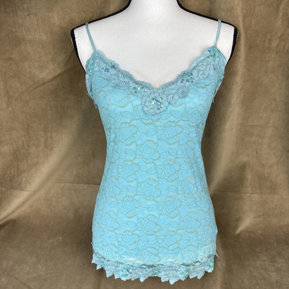 Vintage Rampage Y2K Lace Cami Fairy Tank Top Sequin Gold Whimsy Shirt Angel Mesh - Image 2 of 4