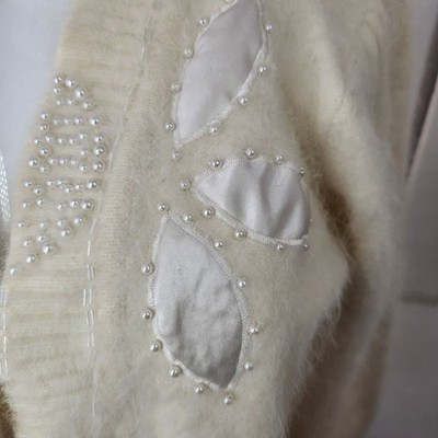 Positive Image 70-80s Angora Cardigan Sweater Sz M Beaded Satin Appliqué White