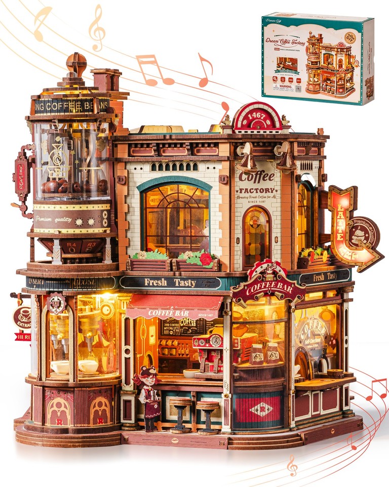 Product photo 3 of 8 — ROKR Dream Coffee Factory 3D Puzzle Building Toys Music Box Wooden Kids Gift