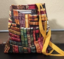 Library Books Tote Bag-Gold Lining with Pockets-Machine Quilted