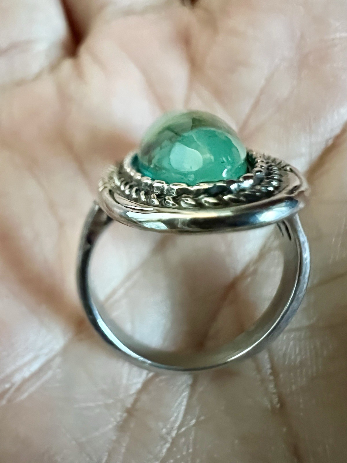 Bold Teal Cabochon Statement Ring Silver Tone Boh… - image 2