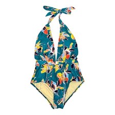 ModCloth Floral Halter Plunge Neck One Piece Swimsuit Medium Retro Blue