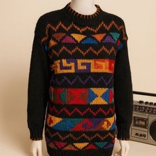 Retro Bold Geometric Sweater Size M VTG Chunky Knit Colorful Pattern Pullover