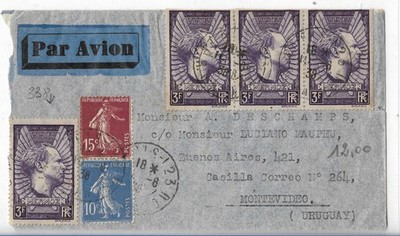(Z103) Frankreich Postgeschichte Brief von 1937 aus Paris X Uruguay