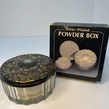 Vintage Glass Body Powder Box Jar Mirror Lid W/ Puff & Screen Vanity Silver Top
