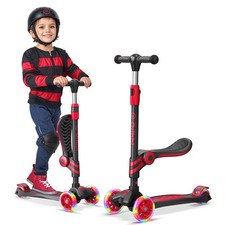 Black and Red 3 Wheel Scooter with Seat for Kids, Light-Up Wheels, Adjustable...