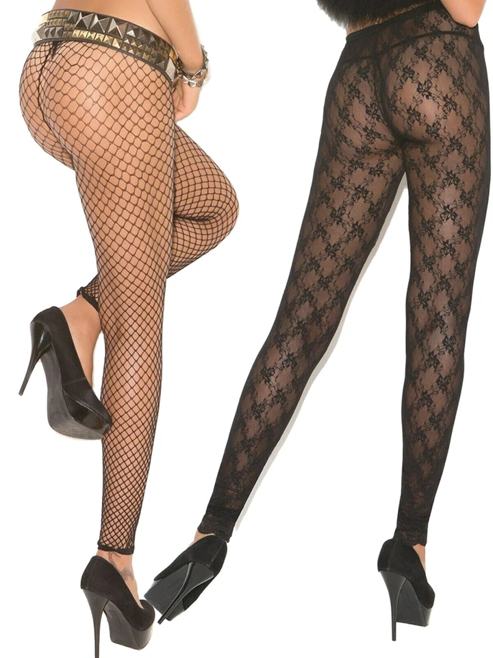 Womens Footless Tights 2-Pack Womens One Size Black Lace and Fence Net Hosiery - Image 4 of 4