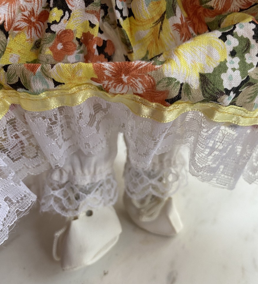 13” Doll Golden Blonde Curls Blue Eye Yellow Floral Lace Trim Dress