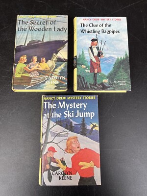 Lot of 3 VTG Nancy Drew Mystery HC Books Whistling Bagpipes Ski Jump Wooden Lady