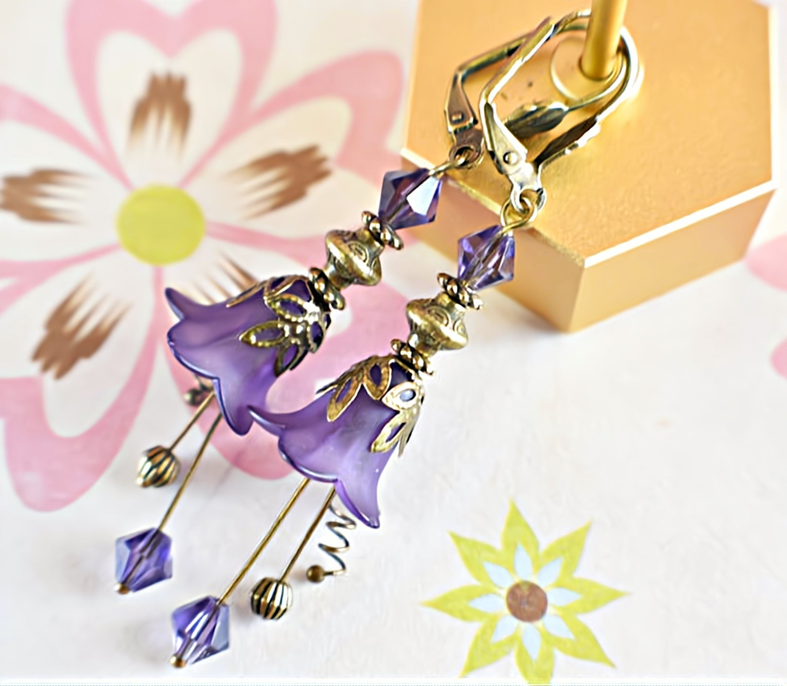 Vintage Victorian Style Purple Velvet and Antique Bronze Bell Flower Lucite Earr