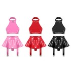 Womens Lingerie Set Patent Leather Crop Top Two-Piece Miniskirt Tank Outfits
