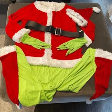 Adult Holiday Christmas Grinch Green Monster Santa Costume 6pc Set Size S NEW