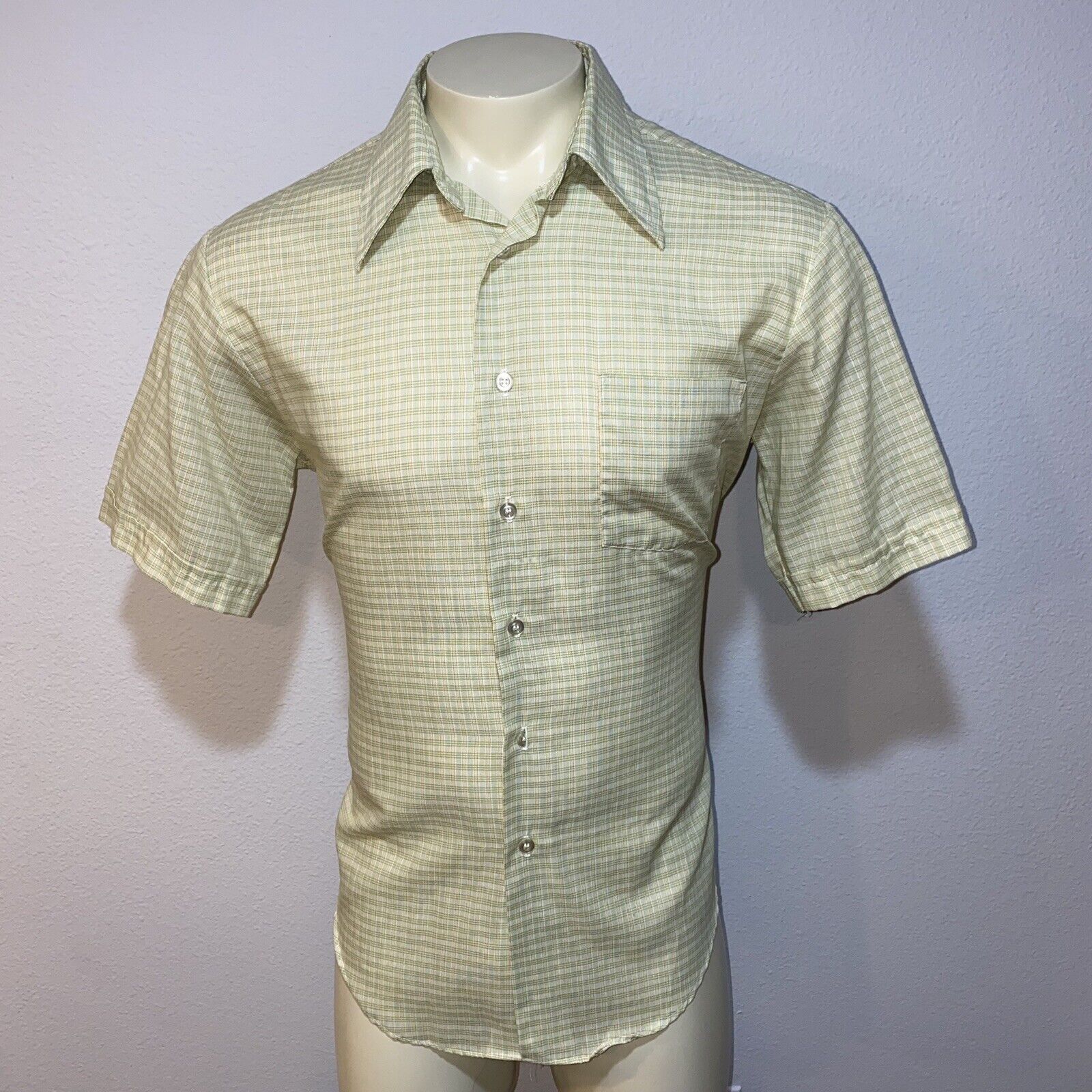 Vtg 60s 70s KMART Button Dress Shirt GREEN Plaid Big Collar Disco Mod MENS  16.5