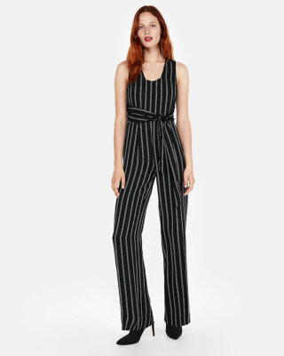 NEW EXPRESS BLACK WHITE STRIPE TIE FRONT WIDE LEG JUMPSUIT SZ 14