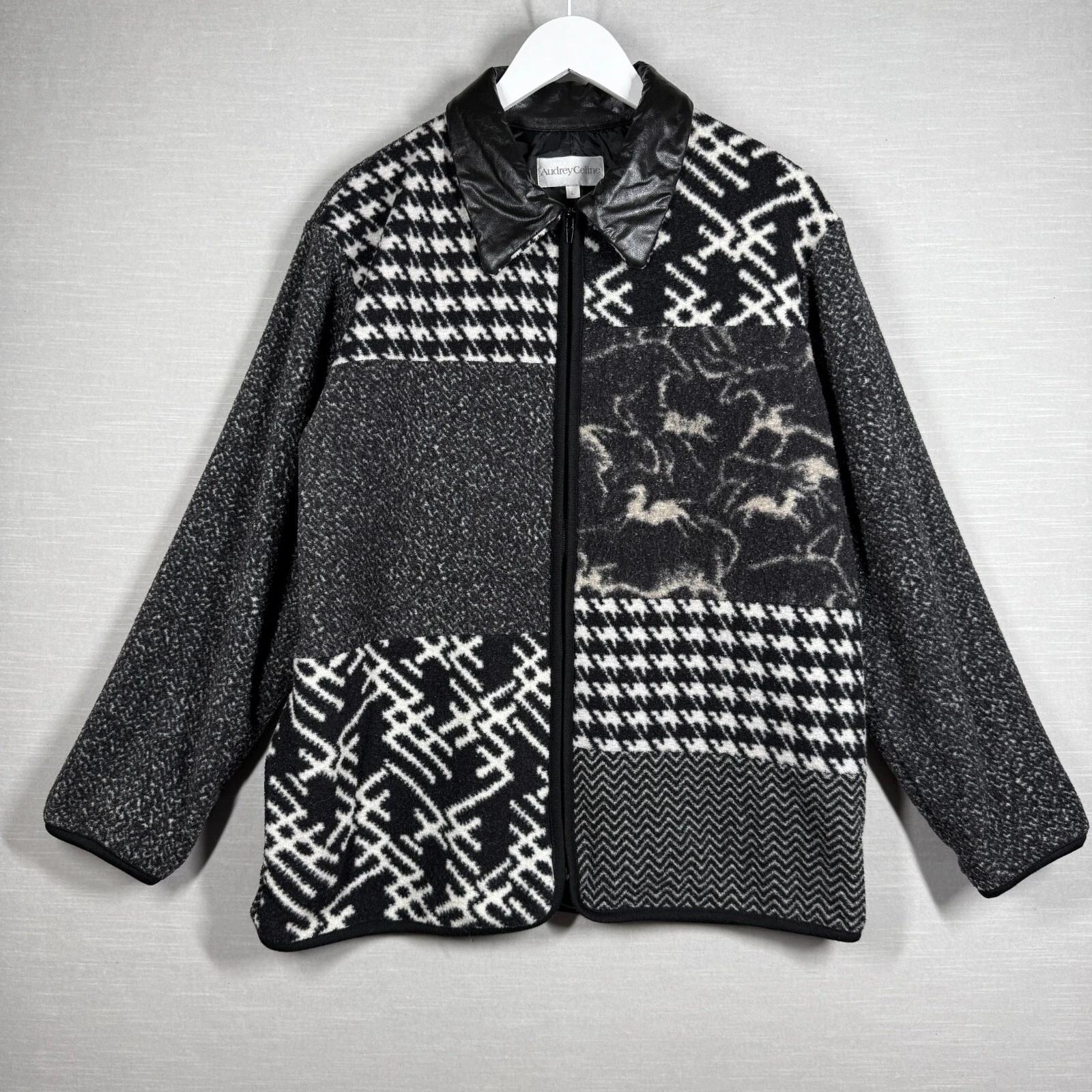 Audrey Celine giacca donna grande nero bianco ecopelle colletto fantasia mista