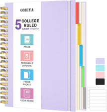 5 Subject Notebooks College Ruled, Spiral Lined Notebook with Removable Divid...