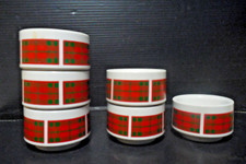 Vintage Emsa Form Luran 6  Eierbecher Stappel Kunststoff flottes Schottenmuster