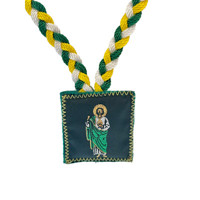 St Jude and Our Lady of Guadalupe Rope Scapular Necklace Green White Yellow