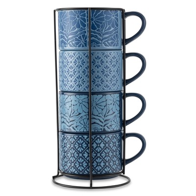 4 Pack Stacking Mugs, Blue Flowers and Blue Shapes 11.1 fl oz,
