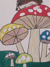 GAT Hedgehog Mushroom Acrylic Painting IMPRESSIONISM ORIGINAL Whimsical Art 4x4 