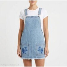 Forever 21 Dress Floral Embroidered Denim Pinafore Small Light Blue Frayed Hem