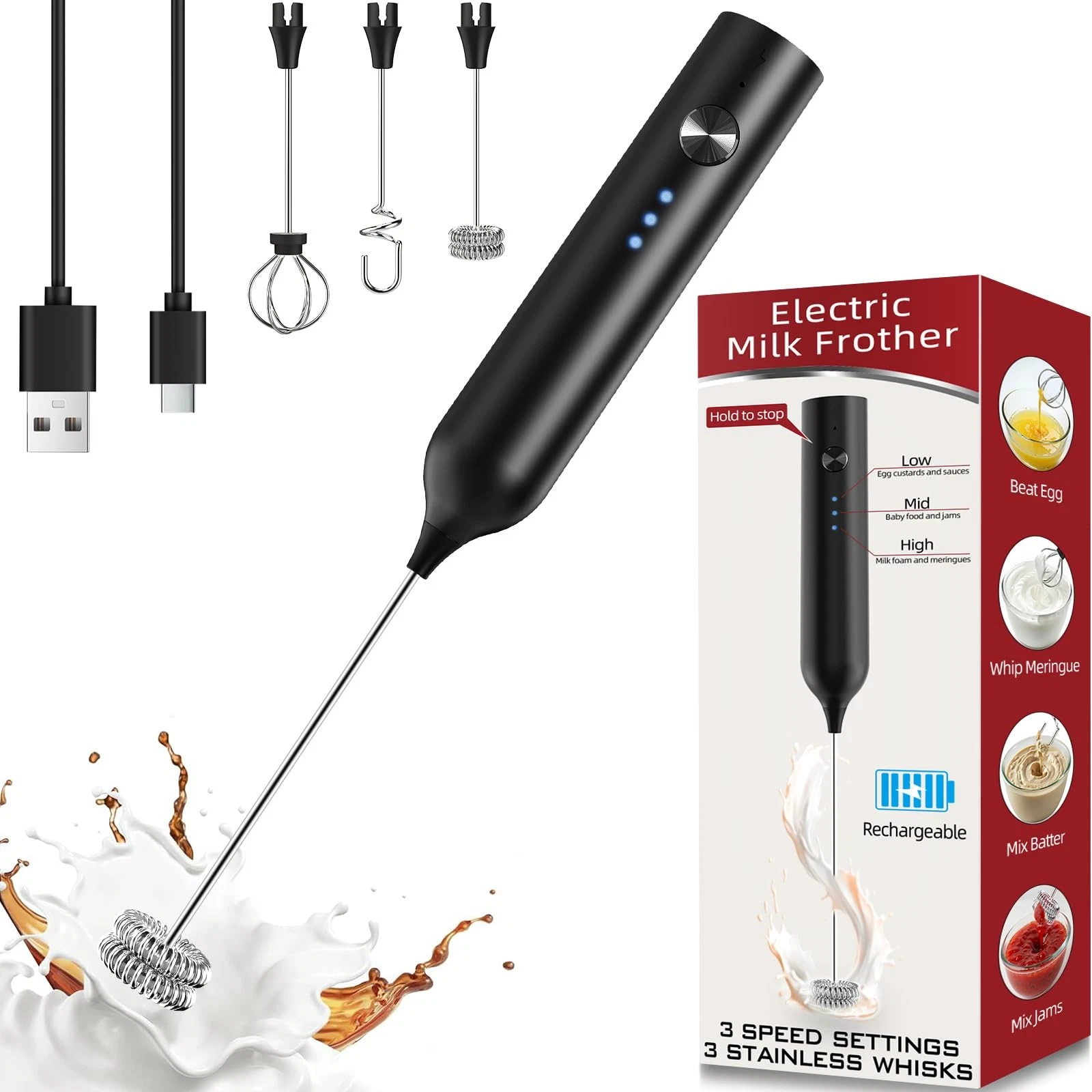 Milk Frother, Rechargeable & Handheld Frother Wand for Coffee, 3 Speed Adjust...