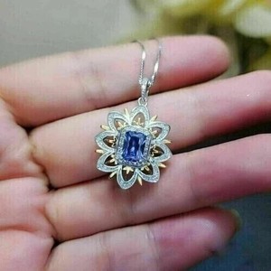 Authentic 2Ct Emerald Simulated Tanzanite Halo Pendant 18"Necklace 14k 2-Stone Gold Plated