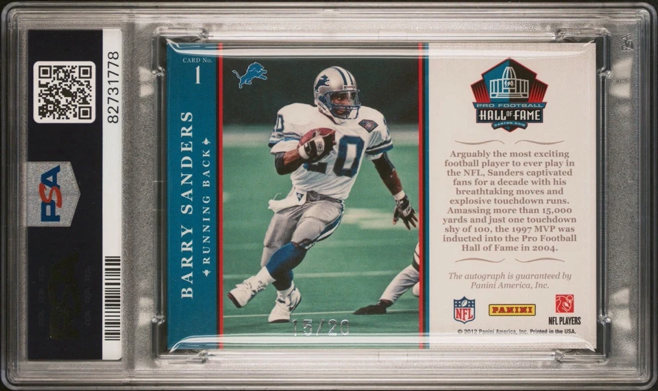2011 PLAYOFF NATIONAL TREASURES HOF LEATHER AUTO #1 BARRY SANDERS /20 PSA 7 - Image 2 of 2