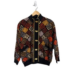 Vintage 90s Cache Geometric Abstract Artsy Gold Trim Bomber Jacket Women s Large