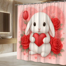 Cute White Bunny Shower Curtain with Heart and Roses