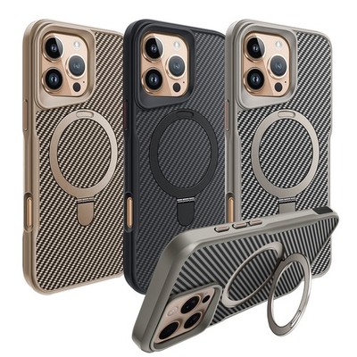 For iPhone 16 15 Pro Max 14 13 12 Carbon Fiber Pattern Ring Stand Mag Safe Case